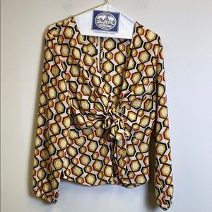 DR2 by Daniel Rainn Geometric Tie-Front Blouse - Mustard, Brown, Ivory